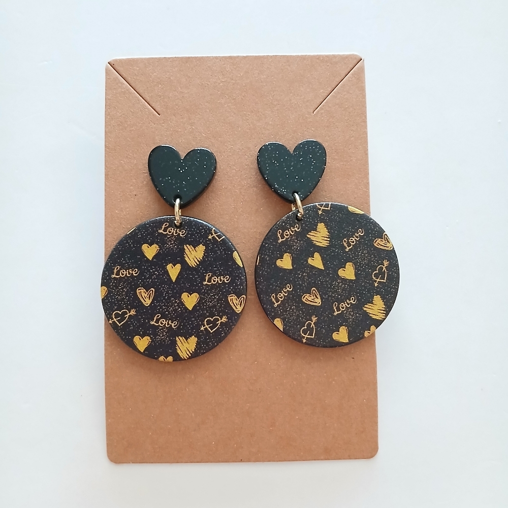 Fashion Jewelry Black and Gold Heart Earrings